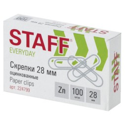 Скрепки STAFF &quot;EVERYDAY&quot;, 28 мм, оцинкованные, 100 шт., коробке (упак.) / 224799