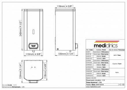 Дозатор жидкого мыла Mediclinics настенный 1,5 л, металл матовая сталь / DJ0031CS
