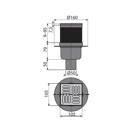 Сливной трап 105x105/50мм с прямой подводкой, гидрозатвор AlcaPlast / APV32